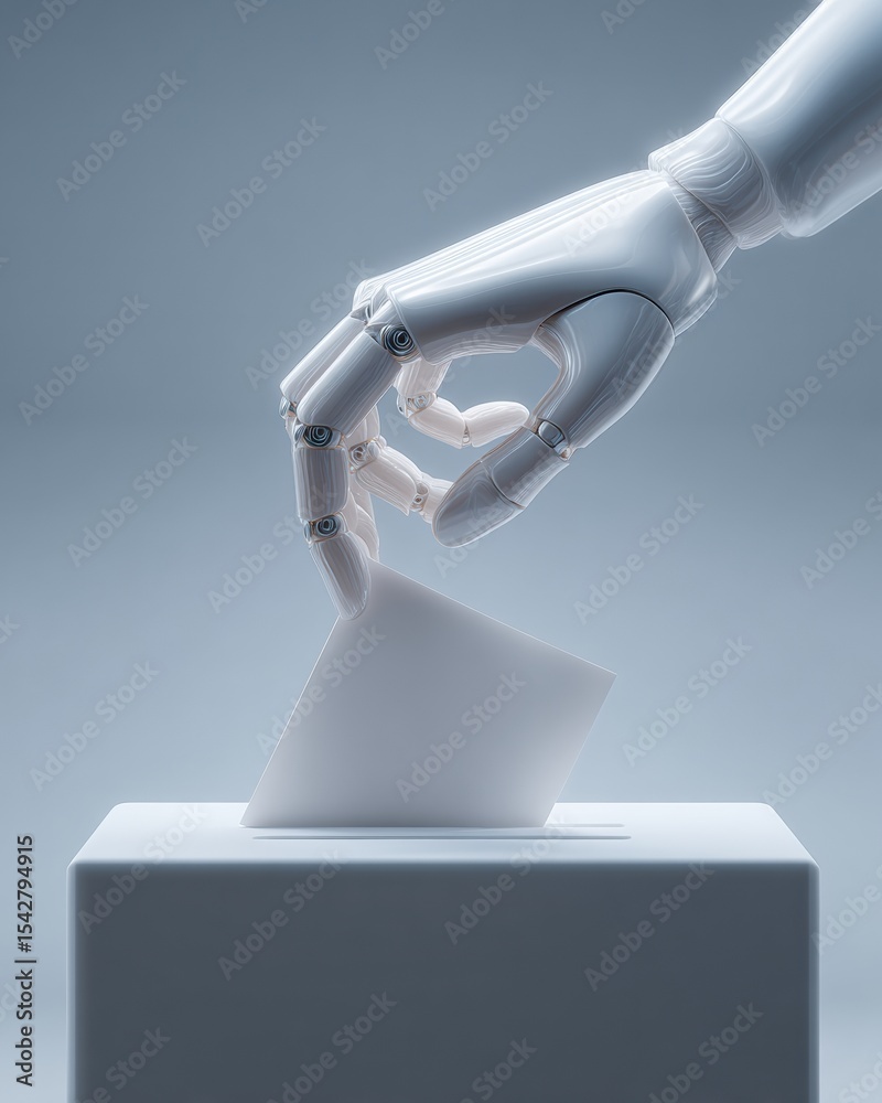 Aufkleber Futuristic Robotic Hand Casting Ballot Into Voting Box AI Powered Automated Voting System for Digital Democracy and Election Technology Innovation