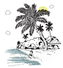 tropical landscape vector sketch. seascape ocean shore with coconut palm tree vector sketch