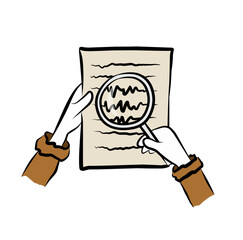 Hand-drawn document inspection vector illustration, person analyzing paper with magnifying glass in doodle style