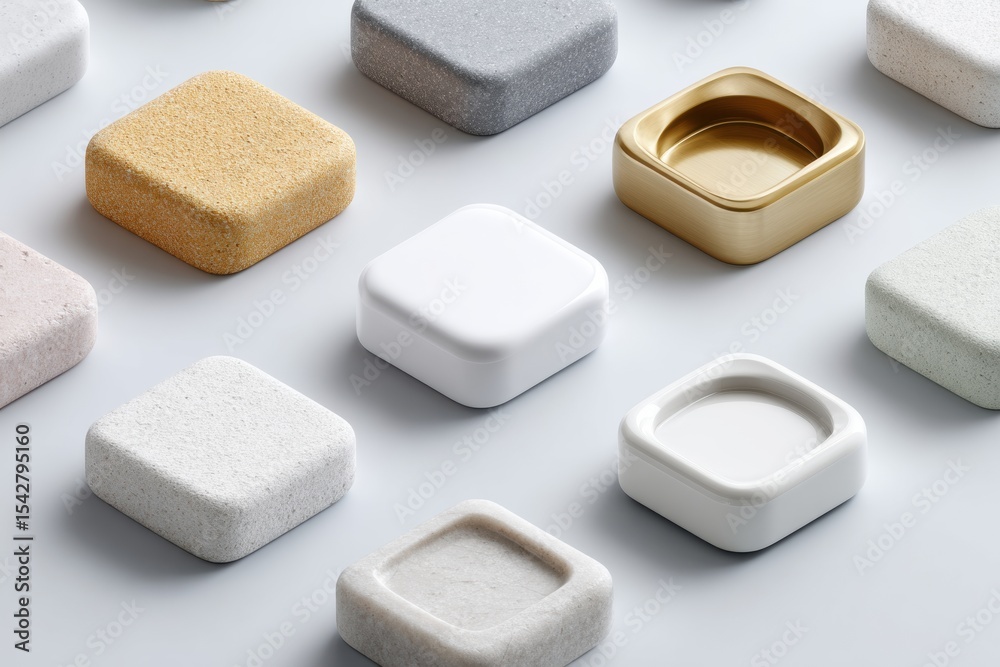 Poster modern minimalist collection of rounded square blocks in natural stone and matte textures with neutr
