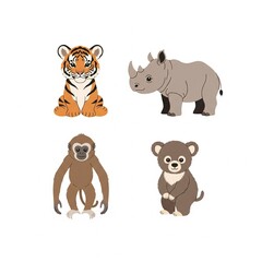 Obraz premium Endangered Baby Mammals of Indonesia Vector Set – Sumatran Tiger, Javan Rhino, Javan Gibbon, Bear Cuscus