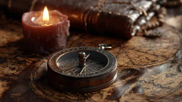 Antique compass rests on aged map near lit candle and leather bound book, warm candlelight illuminates scene.