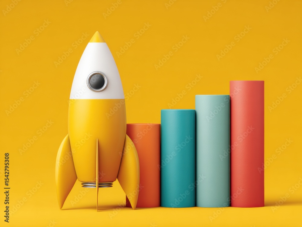 Poster modern rocket launch concept with colorful financial bar graph symbolizing market growth and busines