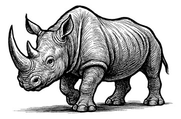 Fototapeta premium Detailed Engraving of a Rhinoceros Walking with Thick Skin and Prominent Horn