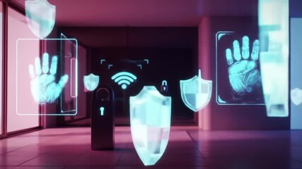 Modern Digital Security System with Shields, Handprint Scanning, and Lock Icons Animation - Powered by Adobe