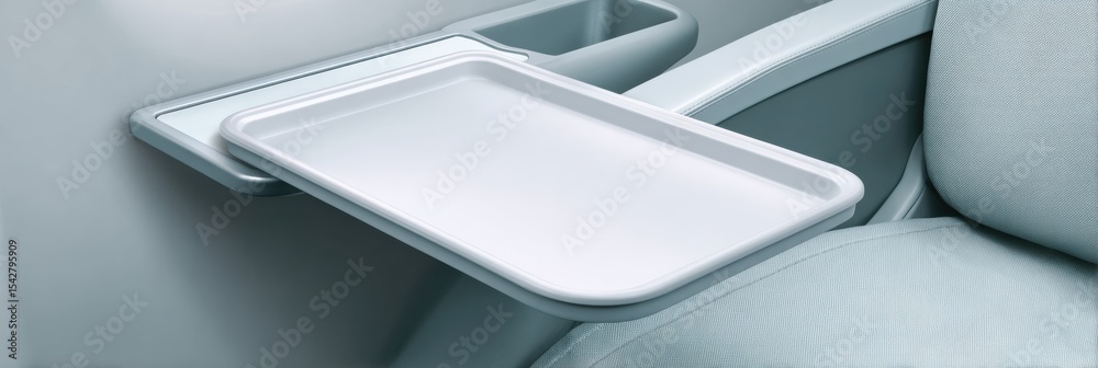 Poster minimalist aircraft tray table extended from seat armrest in clean monochrome cabin for modern passe