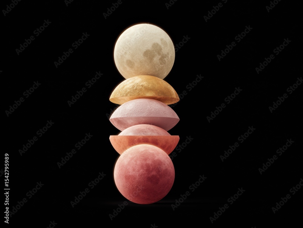 Poster Vertical Alignment of Moon Phases Showing Lunar Eclipse Progression on Black Background for Astronomical Education and Cosmic Time Symbolism