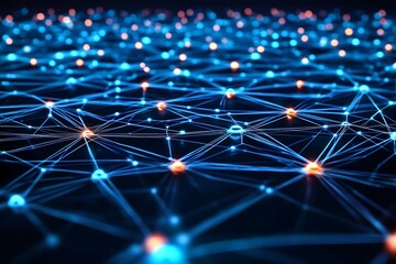 Abstract network connection structure with glowing nodes, data transmission and technology concept