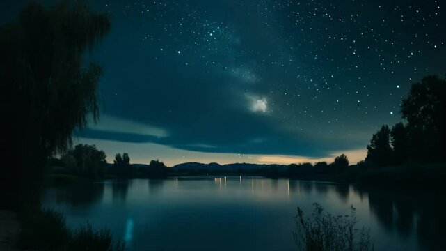 Tranquil lake beneath starry twilight sky
