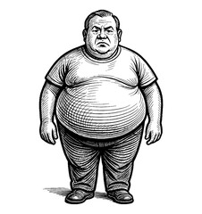 Obraz premium Illustration of Overweight Man Standing with Serious Expression in Engrave Style