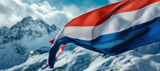 Waving Netherlands flag with snow mountain background. Europe country independence day concept. Generative video AI technology.	
 - Powered by Adobe