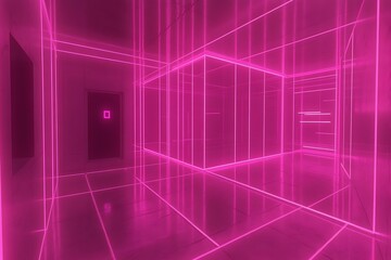 Abstract pink neon hallway with door in futuristic design for digital background and wallpaper