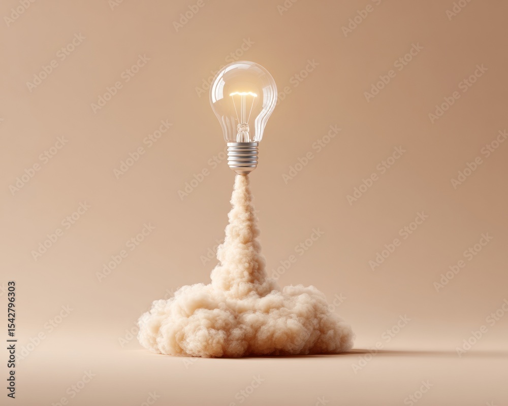 Aufkleber liftoff glowing light bulb with vapor rocket trail on gradient background symbolizing creative innov