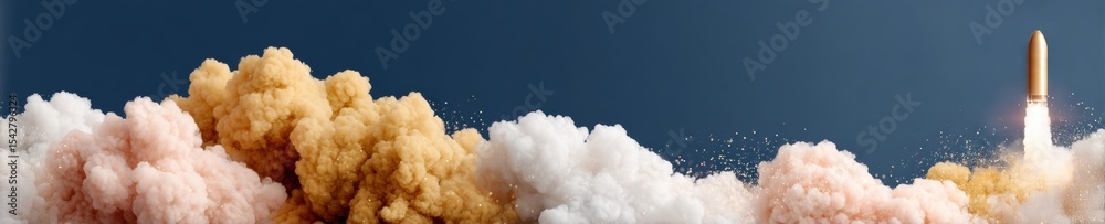 Poster digital rocket launch from laptop screen with vibrant particles, symbolizing innovation and online b