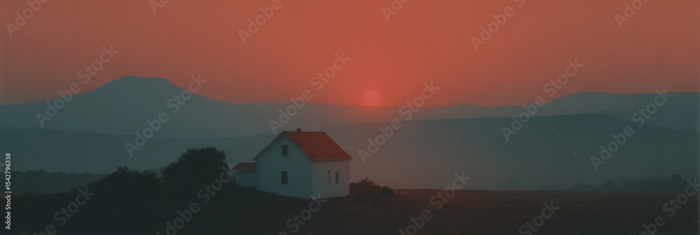Poster Smart Home Security Visualization with Intrusion Detection and Interconnected Monitoring in Dramatic Sunset Backlit Landscape for Digital Protection Branding