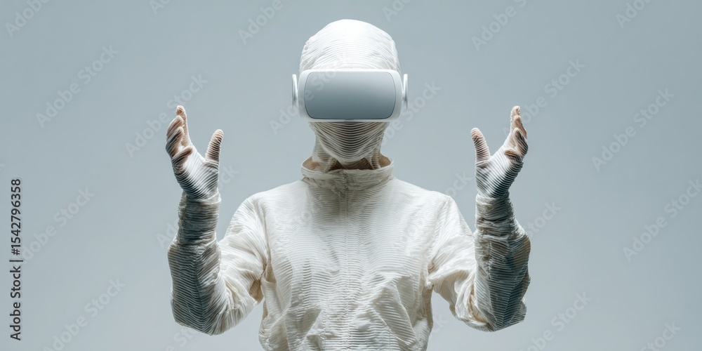 Poster Futuristic VR Haptic Suit and Gloves with Headset in Minimalist Studio Setting for Immersive Tactile Feedback and Virtual Reality Experiences