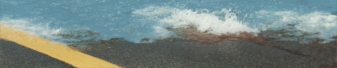 Vibrant Flooded Asphalt Road with Submerged Lane Markings After Hurricane - Emergency Services and Climate Resilience Concept in Natural Daylight