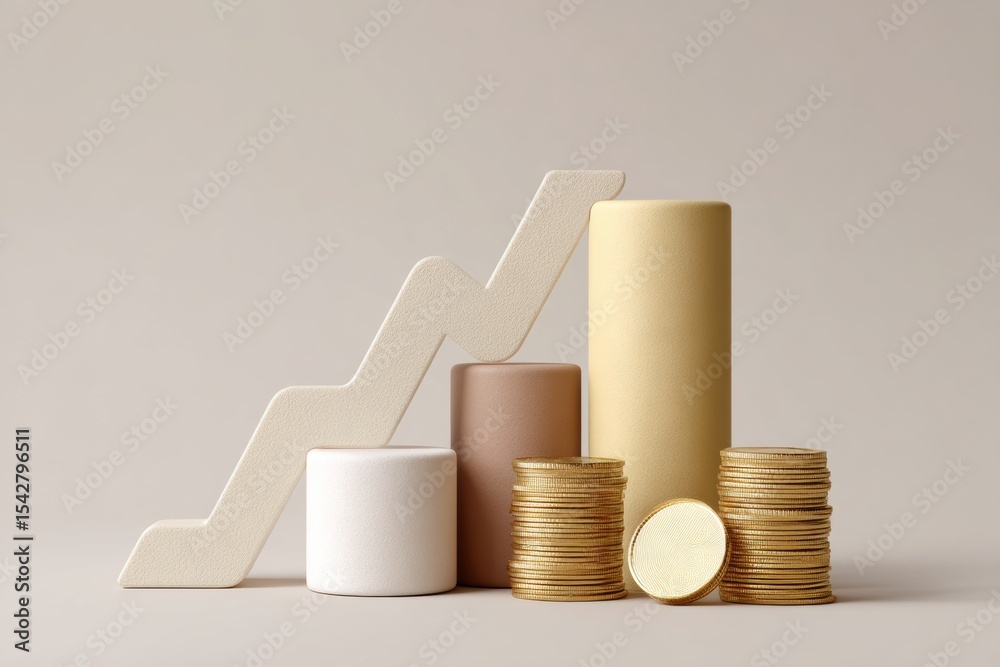 Poster modern gold coin stacks with rising abstract graph and cylindrical shapes in neutral tones for luxur