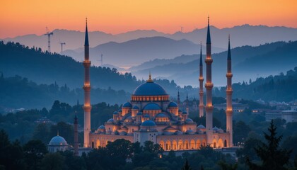 Grand Mosque Surrounded by Nature at Dusk.