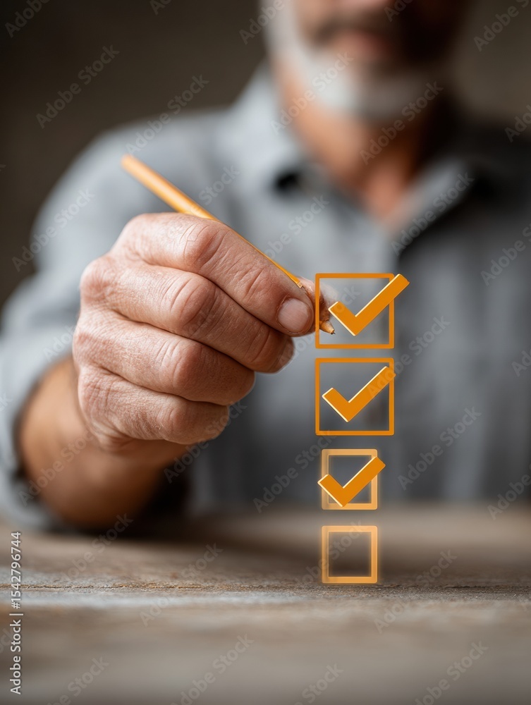 Aufkleber Digital Business Survey Interface with Hand Selecting Checkboxes in Warm Industrial Style for Automated Performance Monitoring and Data Evaluation