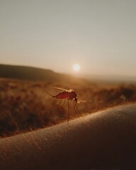 Mosquito on Human Skin at Golden Hour Showing Irritation and Blood Extraction for Health Awareness and Disease Prevention Campaigns