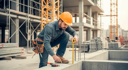 Construction worker measuring concrete foundation with tape measure at construction site carefully working