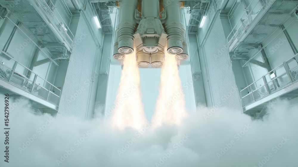 Poster Powerful Rocket Engine Ignition with Intense Thrust Flames and Industrial Launch Structures in High-Tech Aerospace Engineering Context