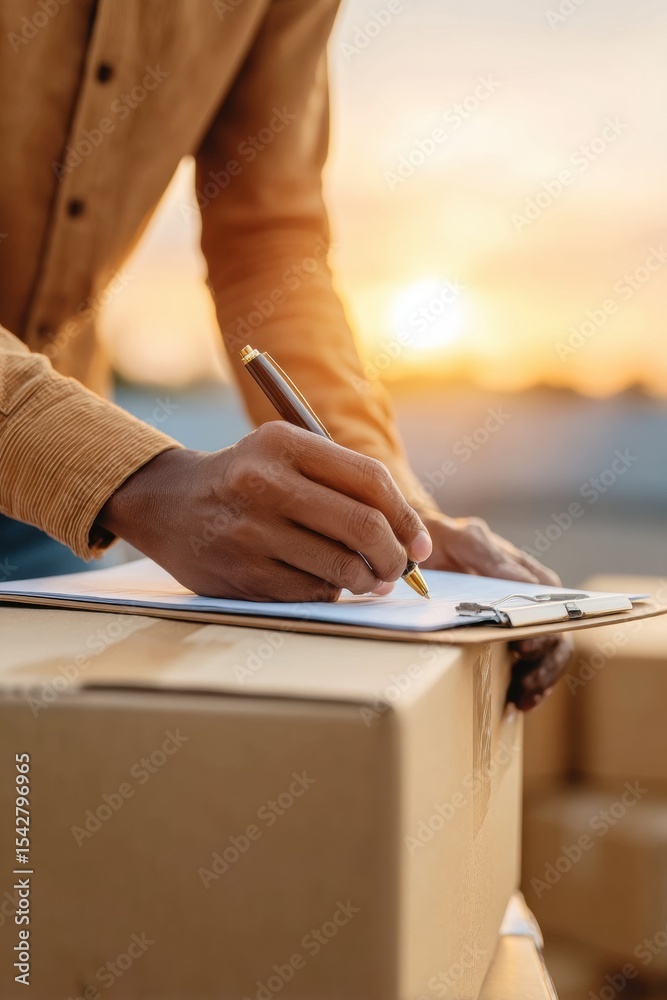 Aufkleber modern e-commerce delivery hands signing customs paperwork on clipboard with cardboard boxes in warm