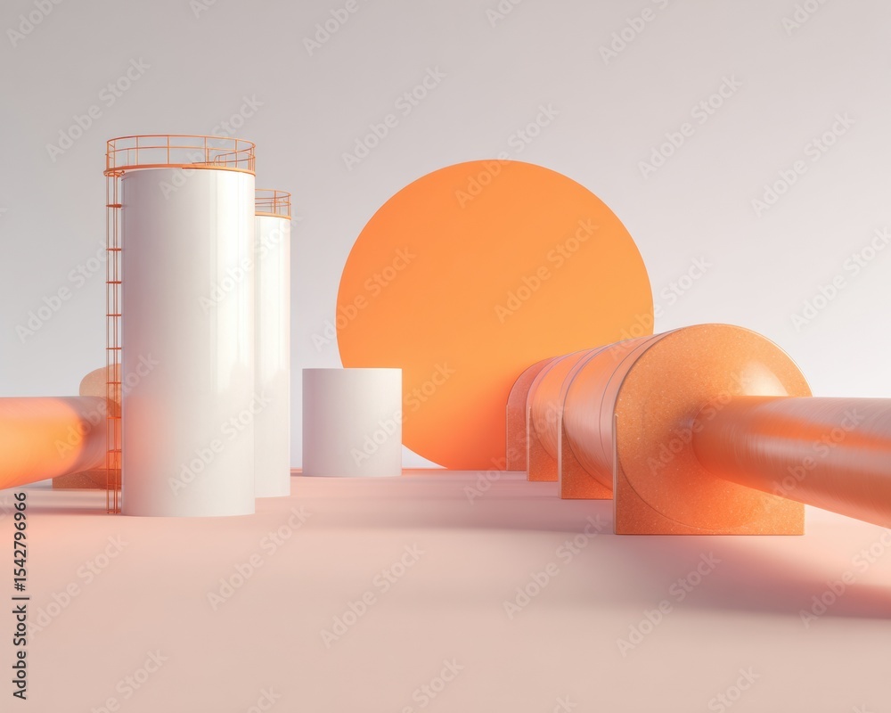 Poster industrial pipeline system and water infrastructure with clean, minimalist design in vibrant orange 