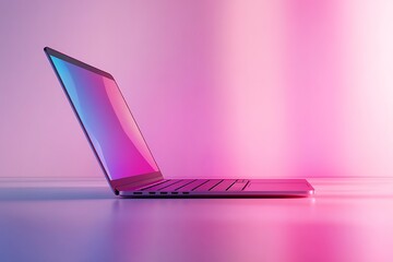 Modern laptop with vibrant screen on pink background for technology and business use