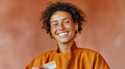 Contactless Checkout with Smiling Young Woman in Warm Terracotta Restaurant Interior, Showcasing Cozy Ambiance and Efficient Hospitality Service