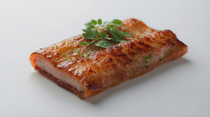 Close-up of a delicious pan-seared fish fillet, garnished with fresh cilantro. The fish has a crispy, golden-brown exterior and moist, flaky interior. A perfect dish for a fine-dining experience.