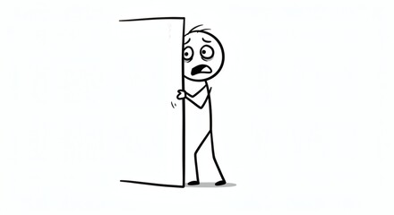 Anxious Man Hiding Behind Door Illustration of Fear and Anxiety