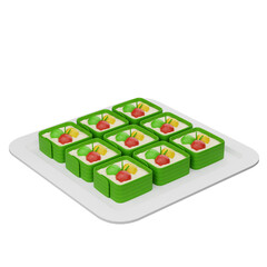 3D illustration of Putri Mandi, a traditional Indonesian dessert made with soft cake, topped with colorful fruits like cherries and bananas.