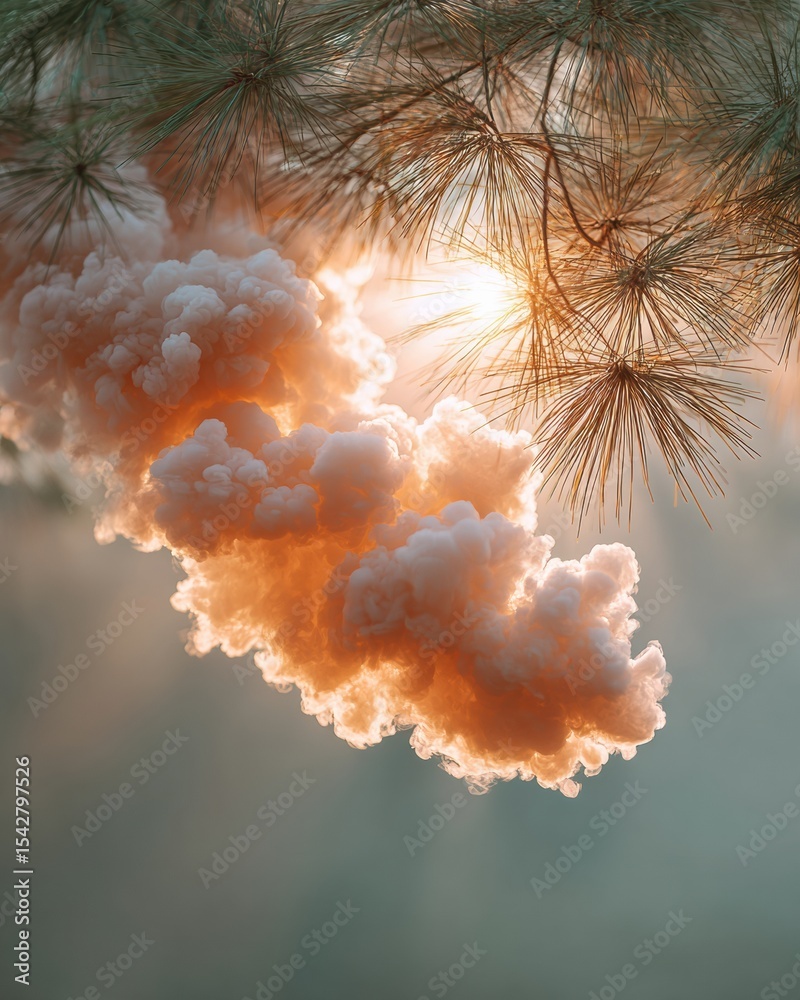 Poster wellness breathwork macro shot of cold exhale vapor illuminated by forest dawn light through pine ne