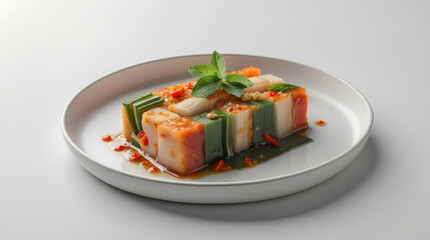 A vibrant and elegant dish featuring stacked cubes of salmon, vegetables, and a flavorful sauce.  Garnished with fresh mint, it's a visually appealing culinary creation.