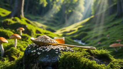Oatmeal and Honey in Forest with Mushrooms and Sunlight