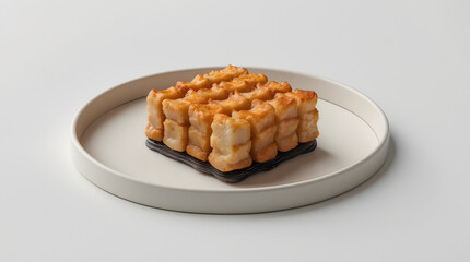 Golden-brown, cube-shaped pastries arranged neatly on a dark wooden base, presented on a minimalist off-white tray against a bright white background.  A visually appealing, modern food presentation.