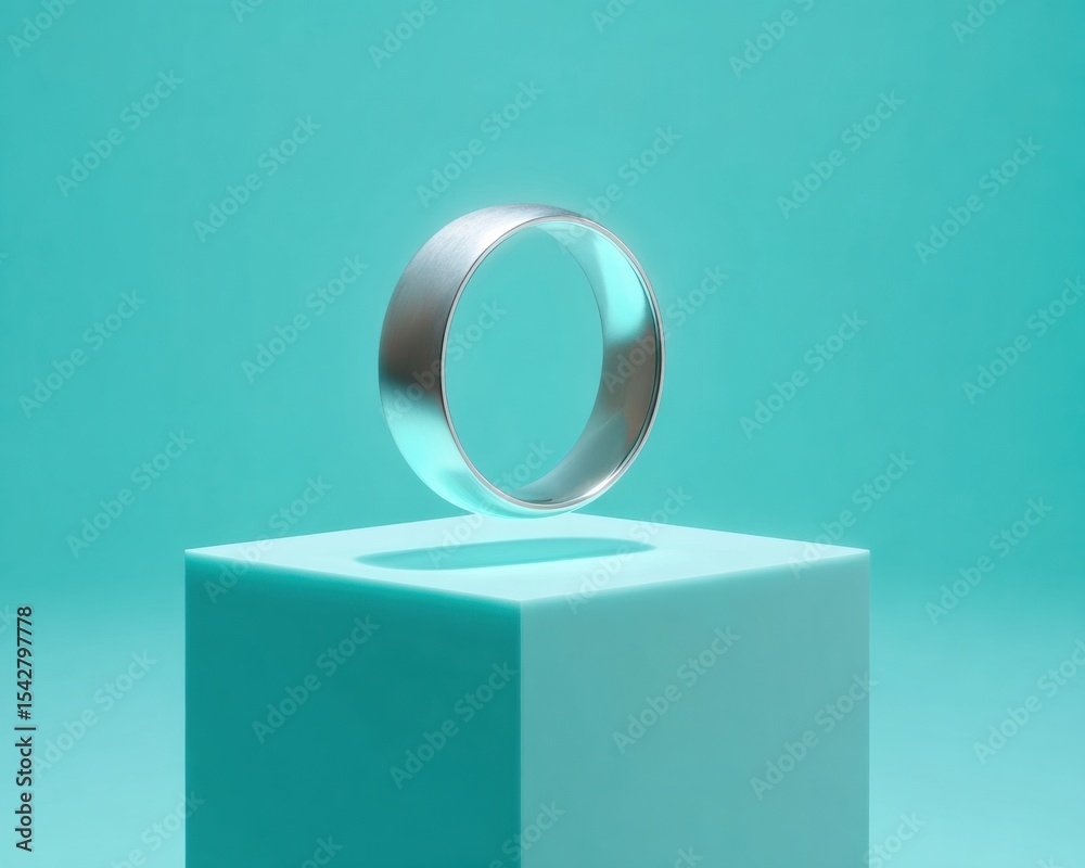 Aufkleber Metallic Smart Ring Floating Over Minimalist Cube with Cyan Rim Light - Futuristic Tech Accessory for Biohacking and Wearable Innovation