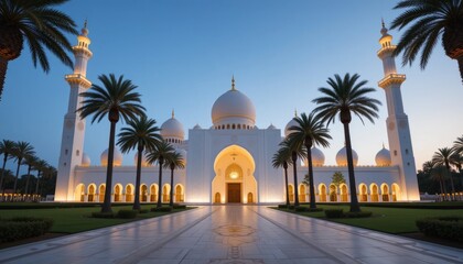 Grand white mosque exterior with illuminated details and palm trees. Pathway leads to the entrance.