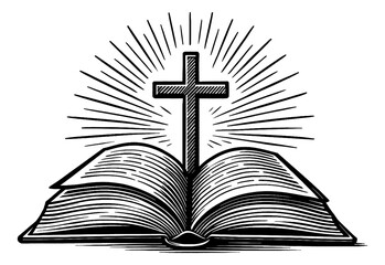 Open Bible with Cross and Rays of Light in Black and White Woodcut Style Illustration