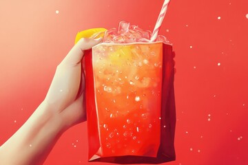 Summertime cooler moment, grabbing refreshing iced drink from full bag