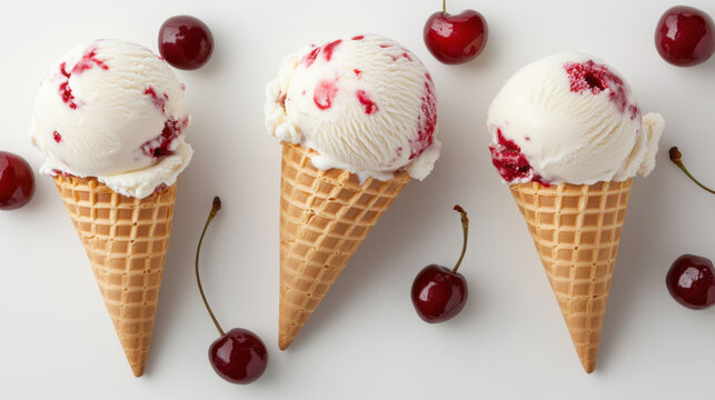 Flat lay of cherry ice cream scoops in waffle cones on a neutral gray backdrop.