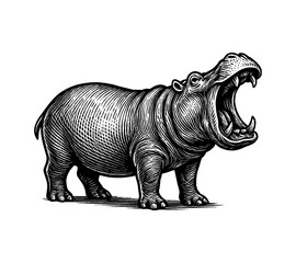 Fototapeta premium Engraved Illustration of a Hippopotamus with Open Mouth Standing in Profile