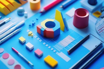 Stylized marketing visualization, brand as bold title with design plans, branding strategy symbol