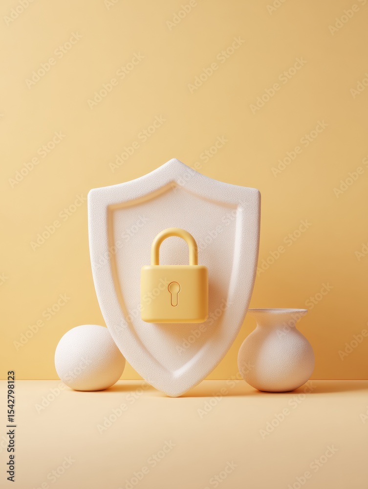 Poster Minimalist Cybersecurity Shield Icon with Padlock in Soft Monochrome Palette Representing Digital Protection and Data Privacy in Modern Tech Branding