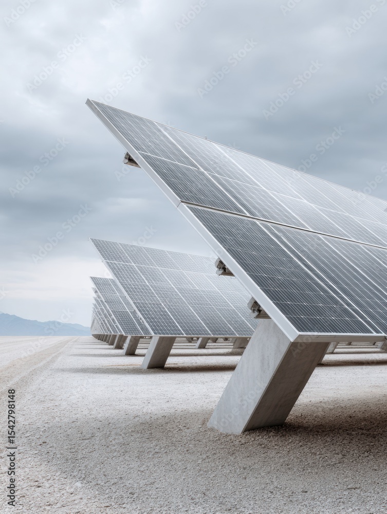 Poster automated solar tracker array with voltaic modules on terrain in industrial style showcasing sustain
