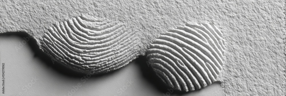 Poster overlapping fingerprint impressions on textured paper with dramatic monochrome lighting, highlightin