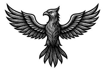 Obraz premium Detailed Black and White Engraving of a Phoenix Bird with Spread Wings