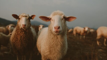 Naklejka premium Vintage-Inspired Solar Tracker Sheep Grazing Under Elevated Solar Panels in Agrivoltaics System - Sustainable Farming and Renewable Energy Harmony